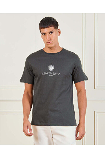 REDTAG Men Charcoal Printed T-Shirt