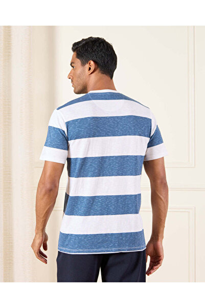 REDTAG Men White And Blue Striped T-Shirt