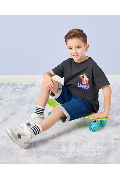 REDTAG Boys Grey Luffy Print T-Shirt