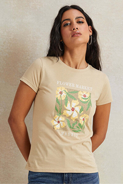 REDTAG Women Beige Printed T-Shirt
