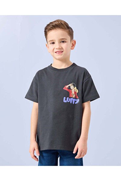 REDTAG Boys Grey Luffy Print T-Shirt