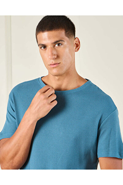 REDTAG Men Blue Jacquard T-Shirt