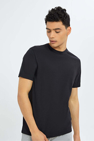 REDTAG Black Crew Neck Regular Fit T-Shirt