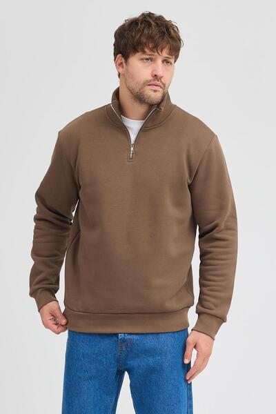 Polo State Unisex Regular Fit Comfortable Cut Cotton Fleece Inside Half Zipper Brown Mock Neck Sweatshirt