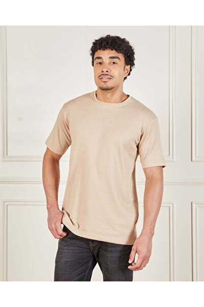 REDTAG Men Beige Solid T-Shirt