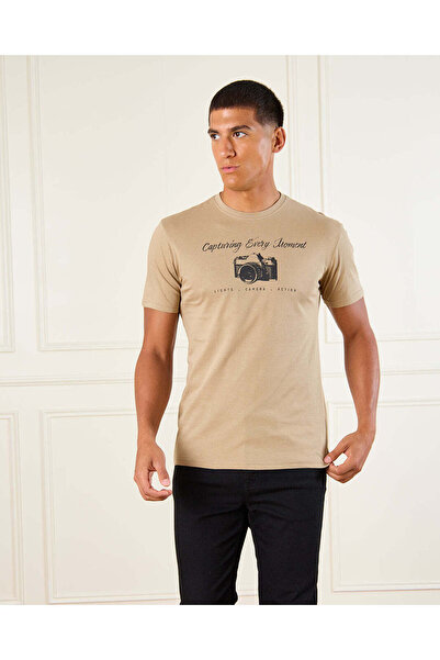 REDTAG Men Beige Basic Graphic T-Shirt