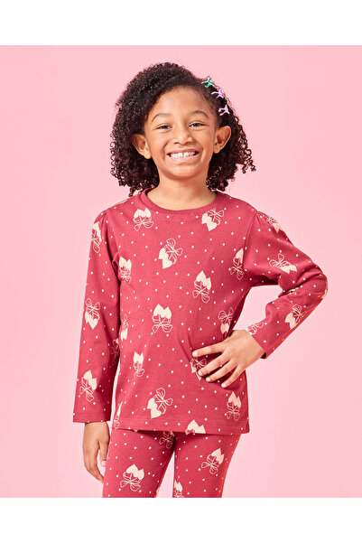 REDTAG Girls Red Printed Bow Long Sleeve T-Shirt