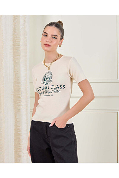 REDTAG Women Beige Rib Printed T-Shirt