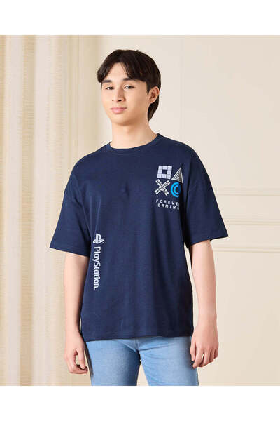 REDTAG تي شيرت بلاي ستيشن أزرق داكن للأولاد الكبار بمقاس كبير