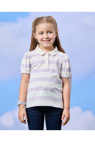 REDTAG Girls Lilac Yarn Dyed Jersey Stripes Polo T-Shirt