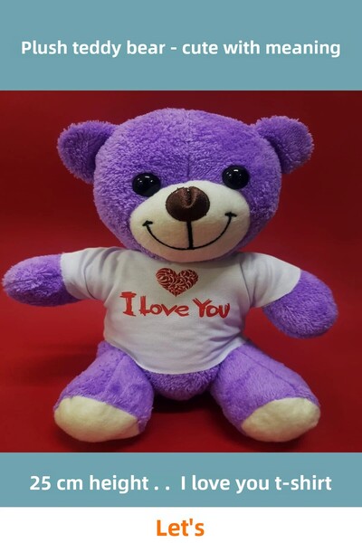 Letsii تيشيرت أرجواني مكتوب عليه 'أحبك' مع دمية دب قطيفة 25 سم