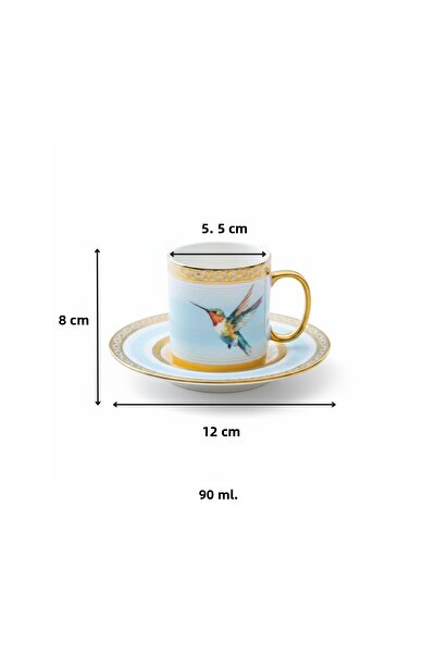 FAIR HOME Stork Blue Gold Color Bird Figured Porcelain Coffee Cup Set for 6 People - 90 Ml.