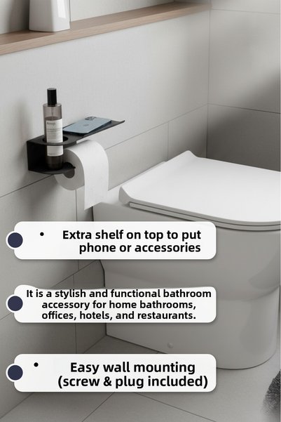 Grandmix Black Metal Shelf Toilet Roll Holder with Phone Holder Multi-Purpose Bathroom Wc Accessory
