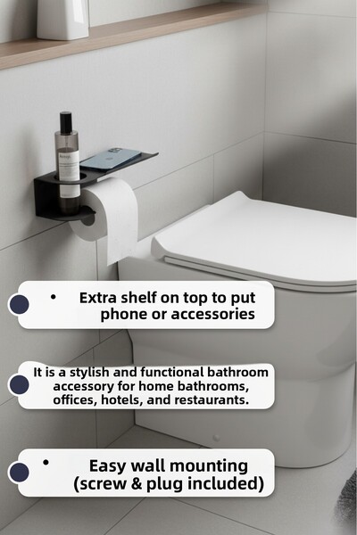Grandmix Black Metal Shelf Toilet Roll Holder with Phone Holder Multi-Purpose Bathroom Wc Accessory