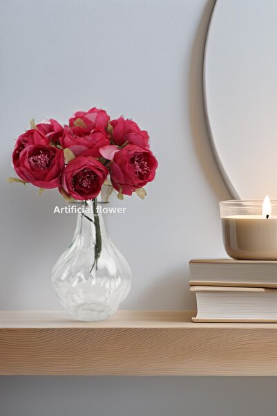 Yapay Çiçek Deposu Artificial Flower 7Pcs with Seeds Tulle Silk Peony Rose Bunch Fuchsia 18 cm