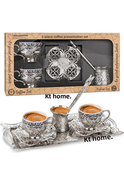 KT HOME Coffee Cup Turkish Coffee Presentation Set Metal Cup Set with Copper Tray and Coffee Pot 2-Piece Topkapı