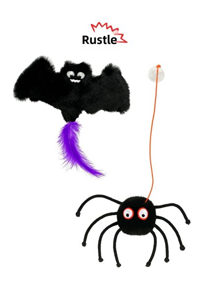 Miyav Halloween Themed Cat Toy Set of 2 |   Squeaky Bat and Rattle Spider Cat Fishing Rod