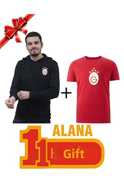 Galatasaray Original Black Sweatshirt with 5 Star Red T-Shirt Gift