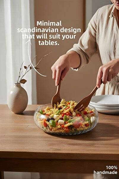 Nandy Home Set of 2 Large Glass Salad Bowls - Scandinavian Style Bowl - Transparent Bowl