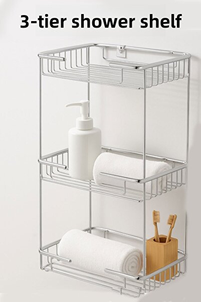 Badem10 Raft de colț pentru baie, duș, suport pătrat pentru șampon, cu trei niveluri, cromat, din metal inoxidabil, sistem de rafturi, 50 cm