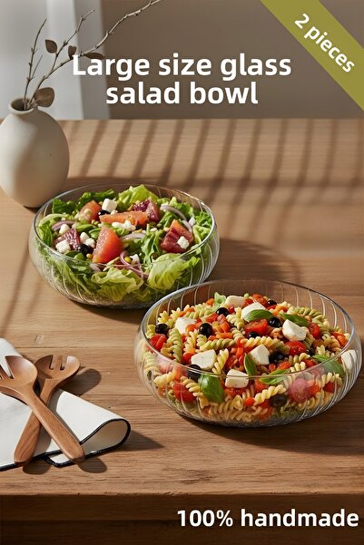 Nandy Home Set of 2 Large Glass Salad Bowls - Scandinavian Style Bowl - Transparent Bowl