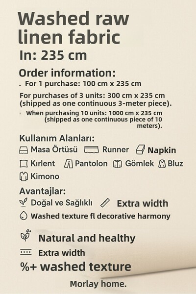 Morlay 50 Meters Washed Raw Natural Linen Fabric - 235 cm Width - Organic - Natural - Punch - Upholstery Fabric