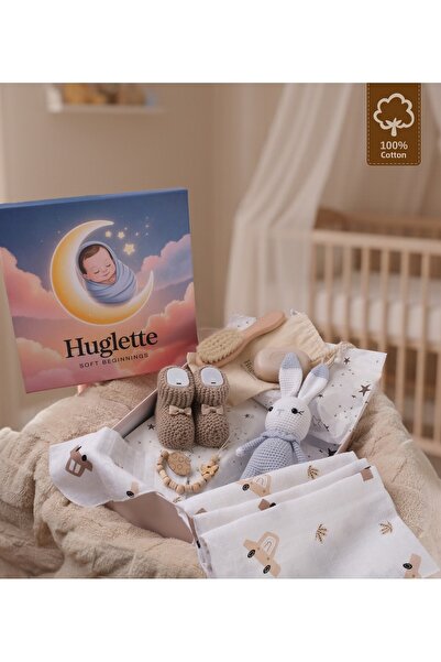 Huglette ويني - مجموعة هدايا لحديثي الولادة - غطاء من الموسلين + أحذية محبوكة...