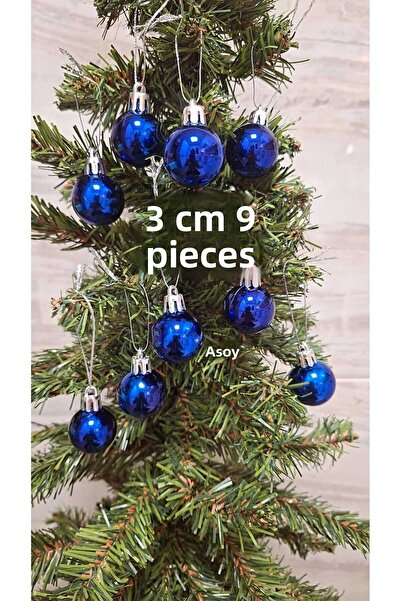 asöy Christmas Pine Tree Ornament Blue Color Ball Shiny Looking Globe Ornament 3 cm 9 Pieces