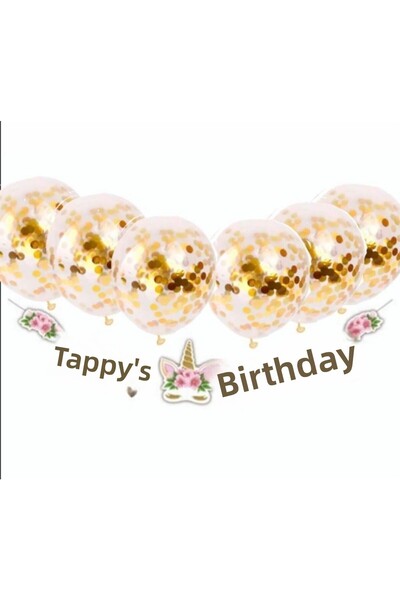 Deniz Party Store Μονόκερος Floral - Χρυσό Μπαλόνι Καλλιγραφίας Ευτυχισμένο Βλέπων Με Καλλιγραφία