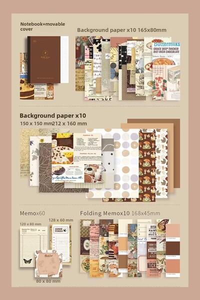 Buka Shops مجموعة دفتر يوميات عتيقة ومجموعة سجلات قصاصات مكونة من 155 قطعة - دفتر ملاحظات عتيق، ملصقات، شريط واشي، دفتر مذكرات