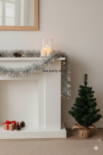 Deniz Party Store Ghirlanda de Anul Nou Ornament de copac cu sclipici tăiat gros 8 Cm 2 metri 1 bucată argintiu