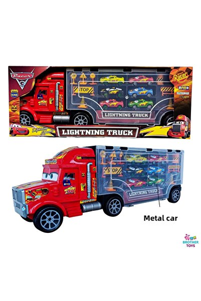 Brother Toys Giant Size 56 Cm. Metal Car Carrying Lightning Mcqueen Truck Mekkuin and 6 Metal Cars + 9 Pieces of Accessories