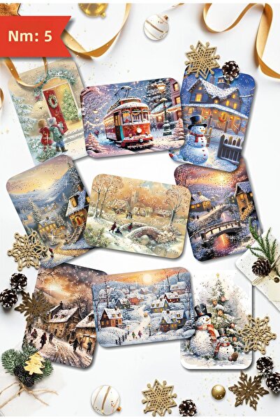 Mia Pera Set de 9 cărți poștale de Anul Nou cu sclipici Om de zăpadă de Anul Nou Tramvai Peisaj de iarnă Nostalgie