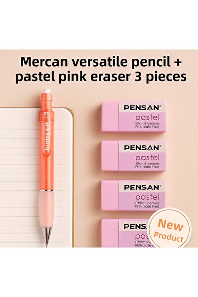 KarmaOfis Mercan Versatil Pen + Pastel Pink Eraser 3 Pieces