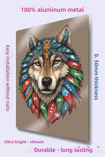 DekorHane Metal Print - Bozkurt Turkish, Turkish Flag Themed, Nations Turan Wolf Themed Painting