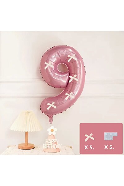 LOTUS PARTY بالون رقمي وردي مع شريط أبيض - بالون رقمي وردي مع فيونكة بيضاء لع...