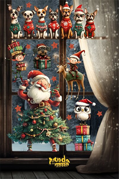 PANDA SOKAĞI 2026 New Year Sticker Santa Claus Pine Tree and Friends Cute Dogs Wall Window Sticker