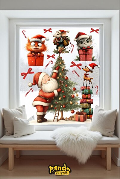 PANDA SOKAĞI New Year Sticker Santa Claus and Cute Cat and Mischievous Mouse Wall Window Sticker Set