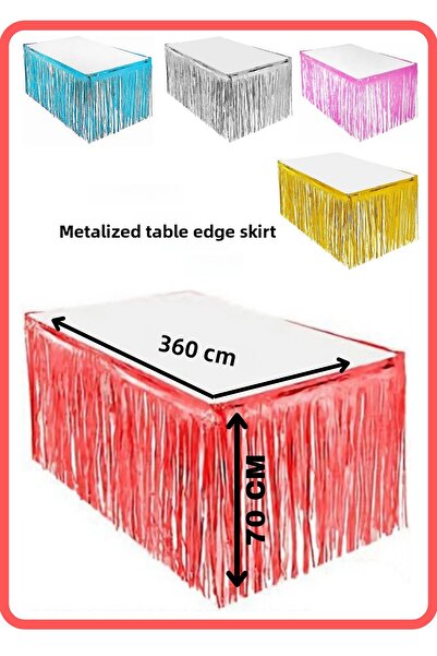 FESTİLO تنورة حافة الطاولة معدنية حمراء لامعة مع شراشيب بطول 360 سم وارتفاع 7...