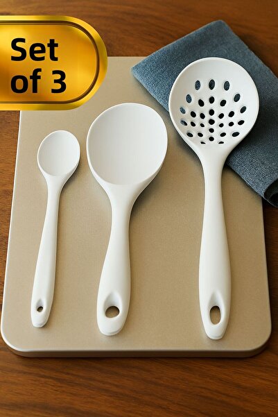 TARIK HOME 3-Piece Silicone Spoon Set – Ergonomic Handle, Slotted Ladle, Rice Spoon and Short Deep Spoon |   Heat Resistant