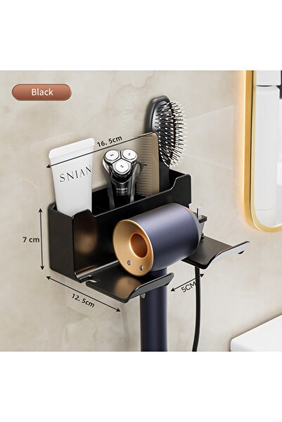 Choice حامل مجفف شعر أسود على الحائط مع حامل لفرد الشعر وصندوق منظم لمجفف الش...