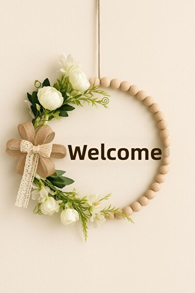 MACROMEKİDS زخرفة باب الترحيب المصنوعة يدويًا من البليكسي الذهبي - ديكور ريفي مع زهور بيضاء وخرز خشبي