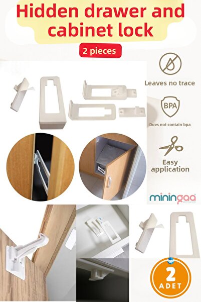 Miningaa 2 Pieces Easy-To-Use White Color Hidden Cabinet and Drawer Lock (Home Office Workplace Children's Room)