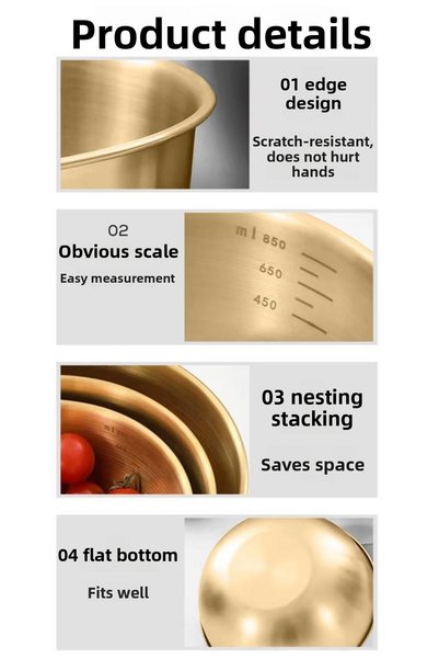 MUJGAN 3-Piece Gold Stainless Steel Mixing and Salad Bowl Set