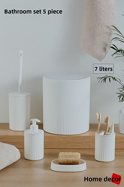 decorev Σετ μπάνιου μοντέρνας σχεδίασης 5 τεμαχίων – Σετ μπάνιου με ριγέ σχέδιο, που περιλαμβάνει: θήκη σαπουνιού, δοσομετρητής υγρού σαπουνιού, θήκη οδοντόβουρτσας, βούρτσα τουαλέτας και κάδος απορριμμάτων