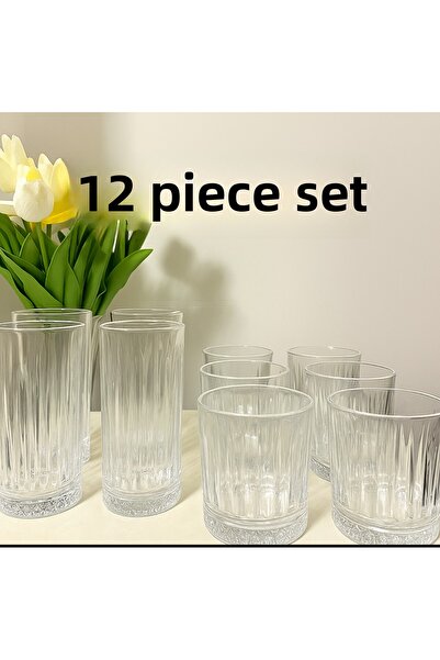 COCEM Comer Set of 12 Glass Cups |   6 Tall + 6 Short Crystal-Looking Water a...