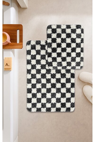 EUROBANO سجادة حمام شطرنج مكونة من قطعتين قاعدة مضادة للانزلاق 80x50 40x50