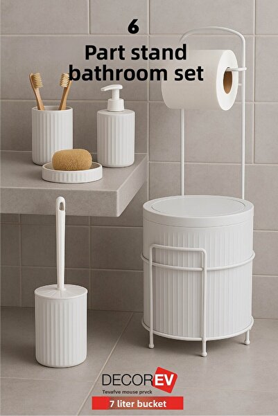 decorev Σετ μπάνιου 6 τεμαχίων με μεταλλική βάση – Κάδος απορριμμάτων 7 λίτρων, θήκη ρολού τουαλέτας, θήκη σαπουνιού, θήκη βούρτσας