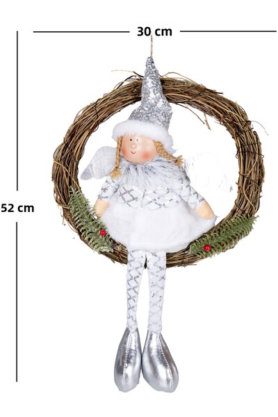 Herdekora Χριστουγεννιάτικο στολίδι, στεφάνι πόρτας, ασημί - Φιγούρα Νεράιδας, 30x52 εκ.