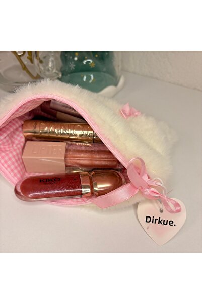 PİNKUE Плюшена чантичка за грим и калъф за моливи с панделка | Розова подплат...